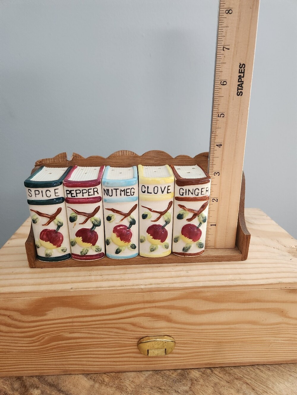 Vintage Ceramic Book Shaped Spice Jar Set with Wooden Rack - Incomplete Set - Picture 8 of 16